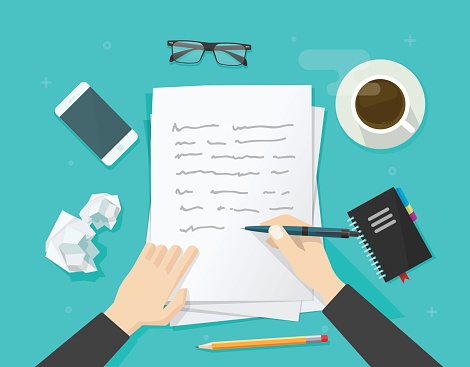 Cartoon graphic of person writing on paper
