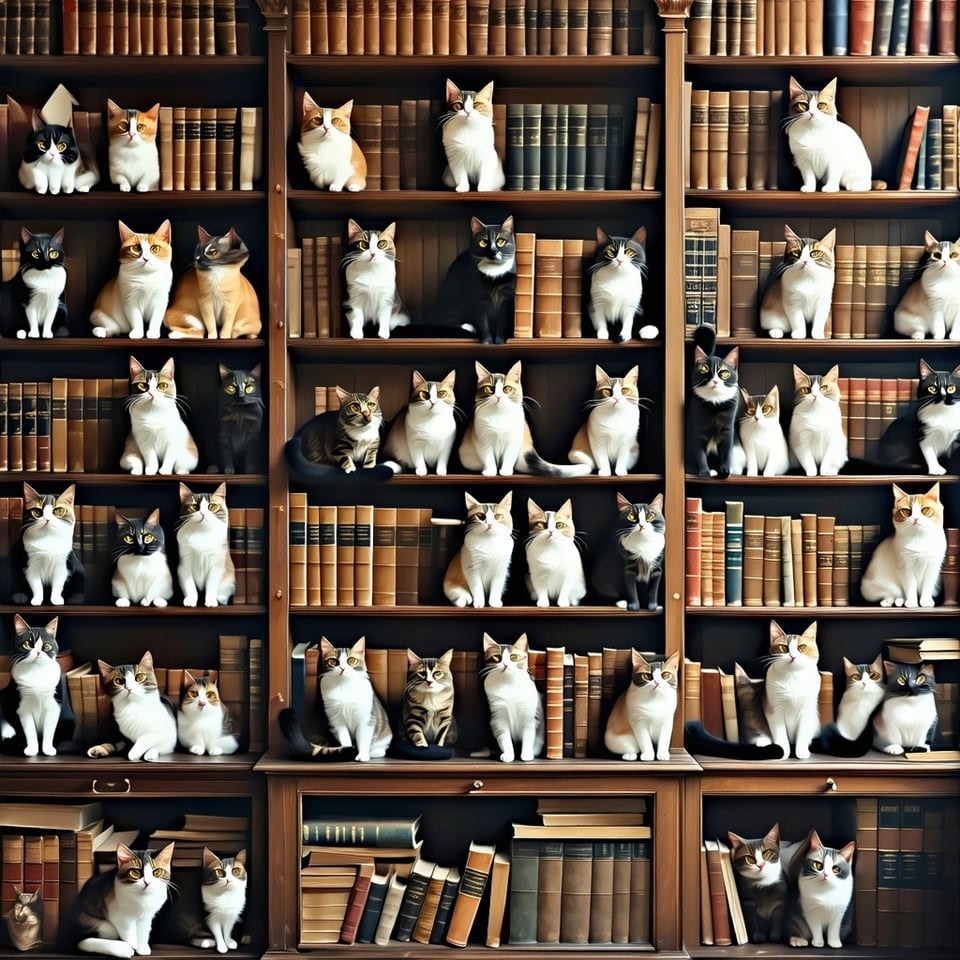 bookcase filled with cats