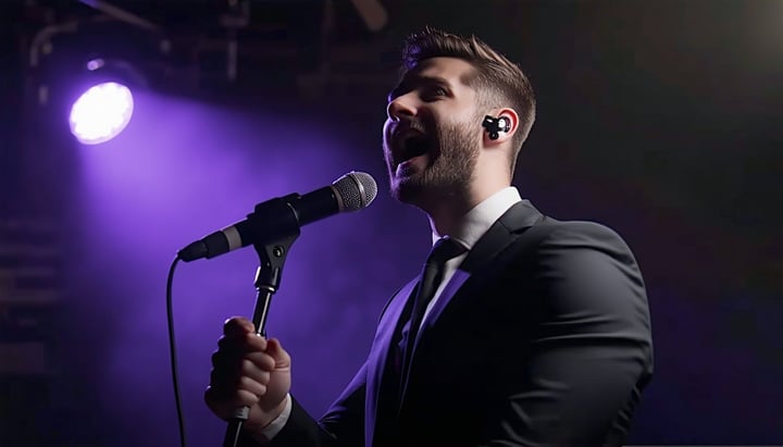 man dressed in suit singing into a microphone