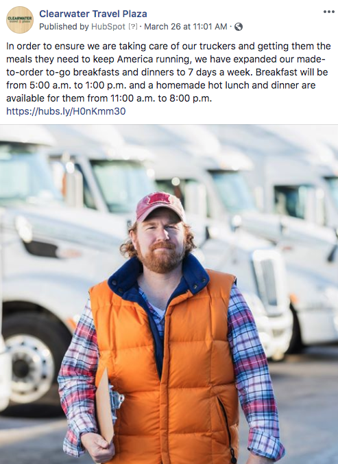 Clearwater Travel Plaza Facebook post on expanded truck meal hours