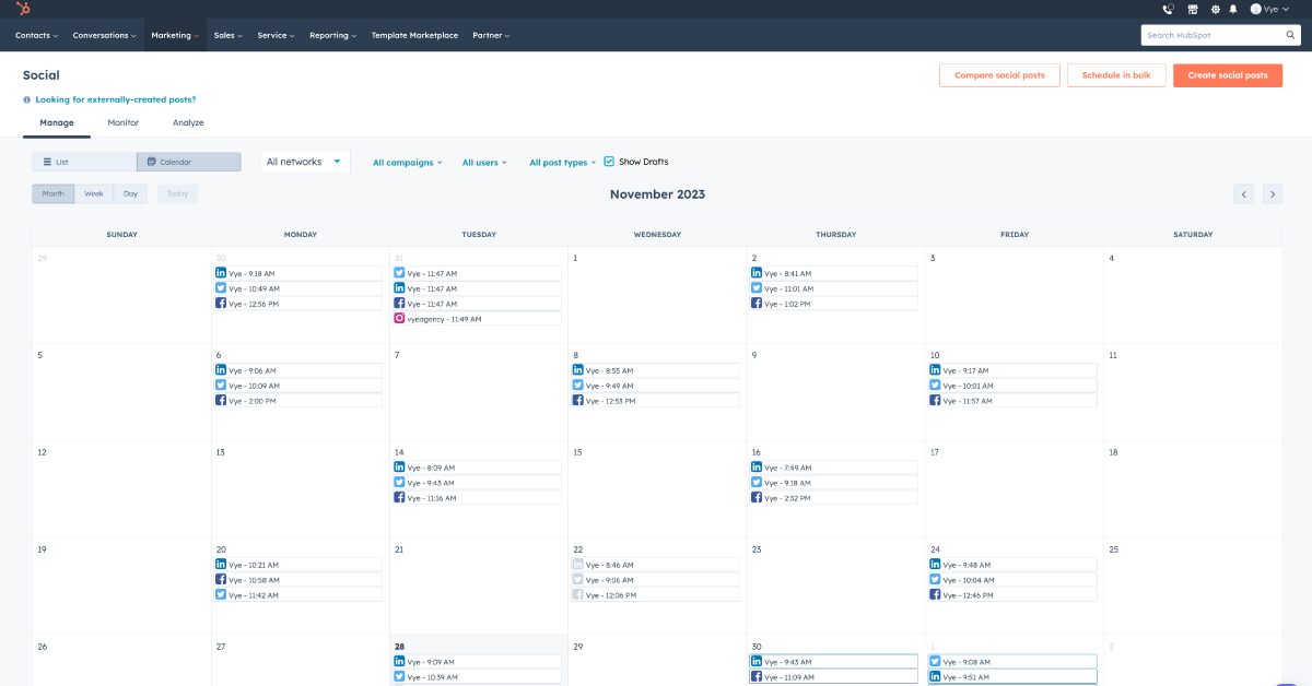 HubSpot Marketing Hub's social media management capability