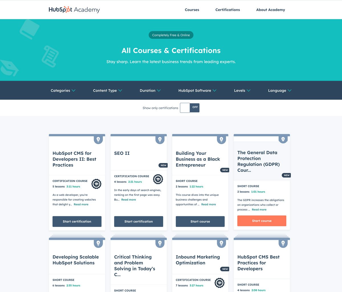 Screenshot of HubSpot Academy and educational resources