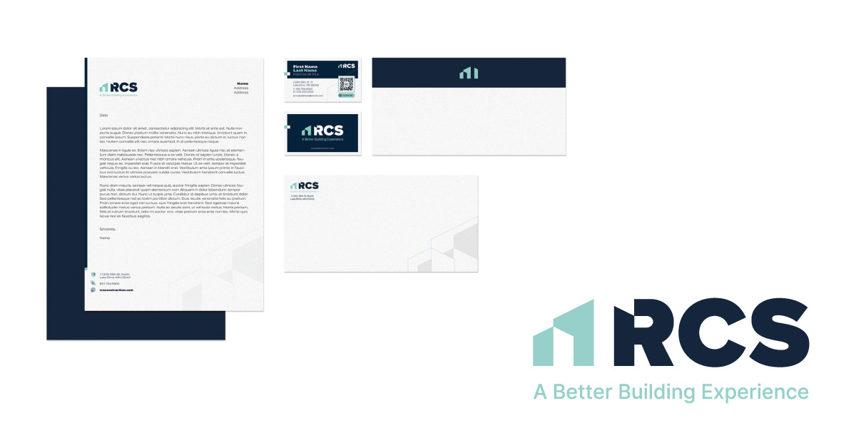 RCS logo on letterhead, direct mail materials, and business card