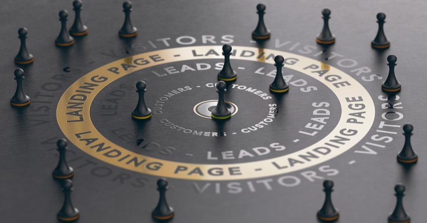 Image of a the word landing page in a circle around chess pieces