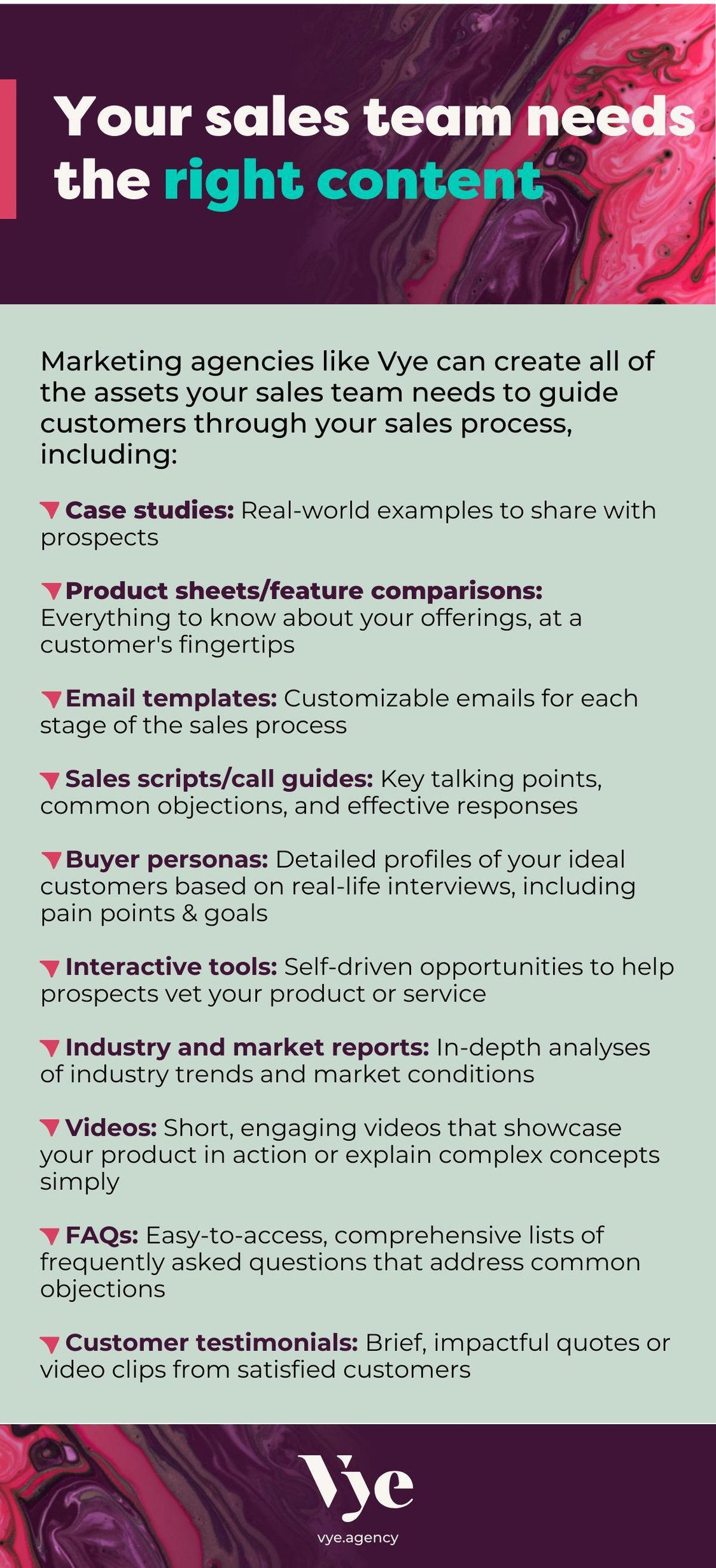 Vye sales marketing content support list