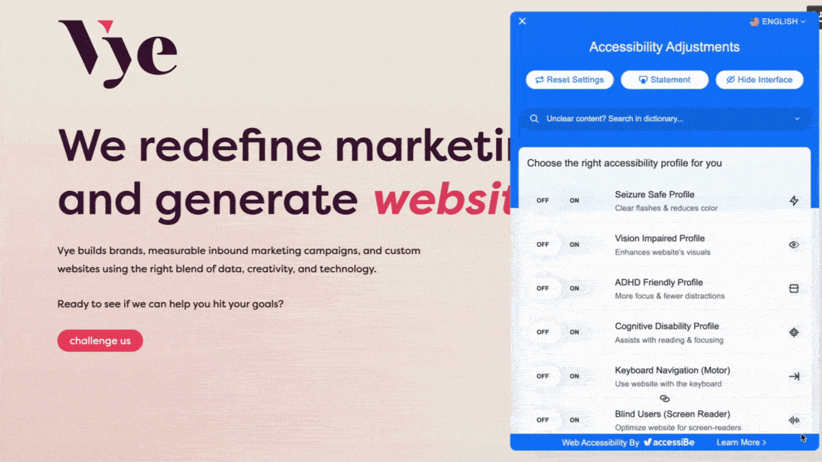 GIF of the ADHD friendly accessiBE widget in action on a website.