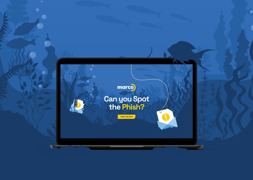 Marco Spot the Phish quick assessment pulled up on computer screen with fish surrounding it.