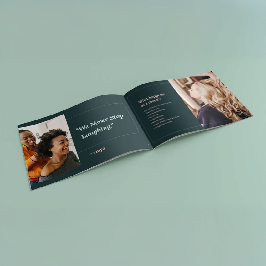 my booklet open to picture of woman getting hair done at hair salon.