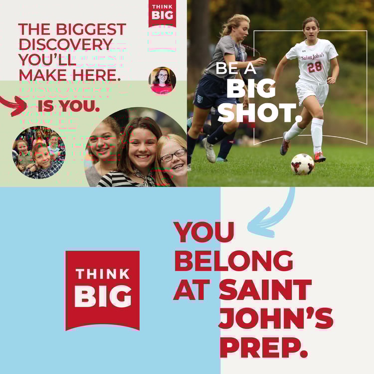 Saint John's Prep work collage featuring young students and soccer game.