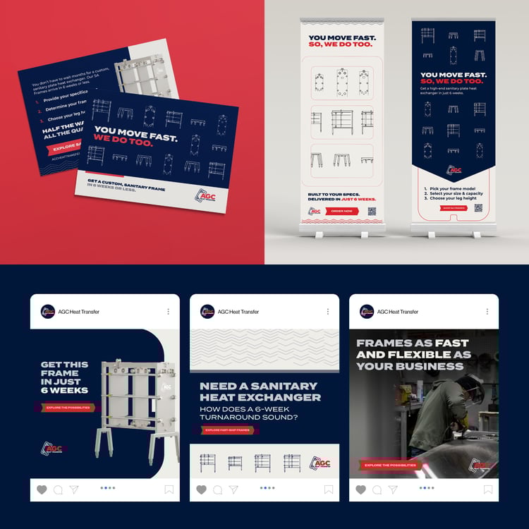 Collage of AGC Heat Transfer plate heat exchanger postcards, trade show banner, and social posts.