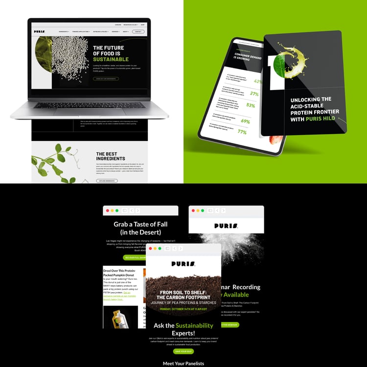 Collage of PURIS website pages on computer and iPad screens.