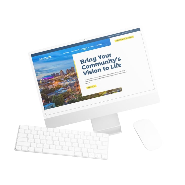 Graphic of white computer, keyboard, mouse, with client example.