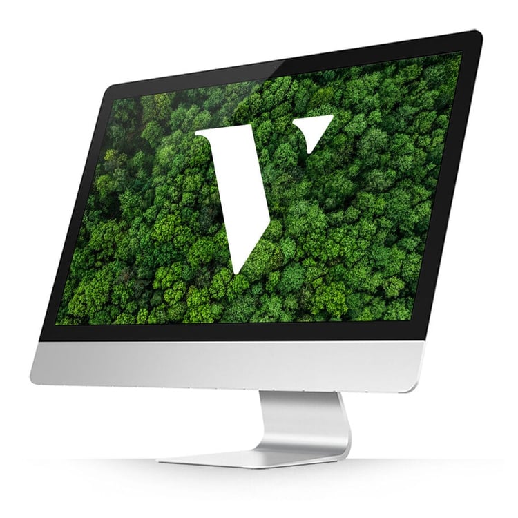 Computer screen with trees and Vye logo on display.